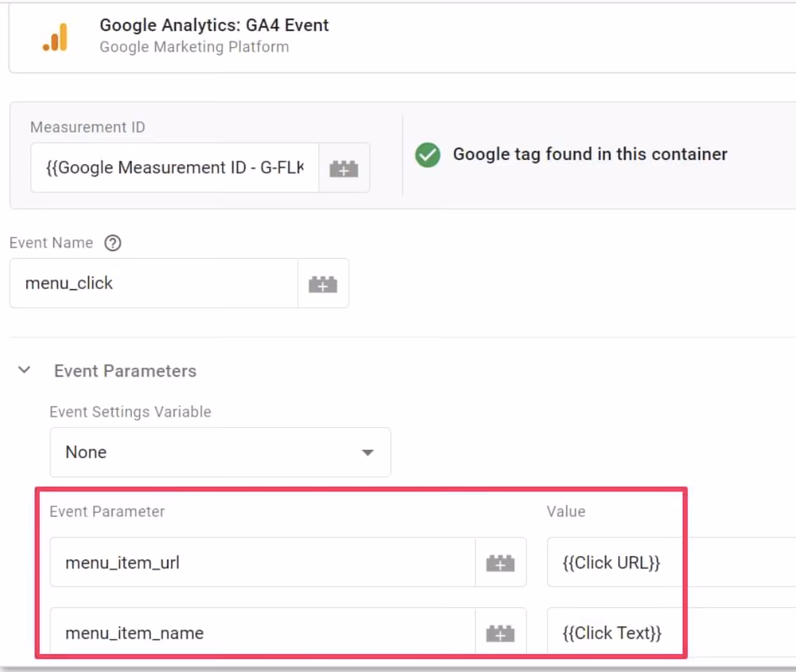 GA4 event setup showing the event name "menu_click" with parameters for URL and item name