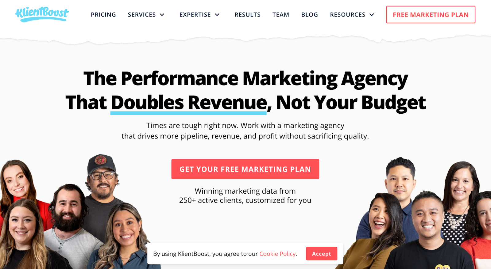 KlientBoost homepage with headline about boosting revenue without raising budget