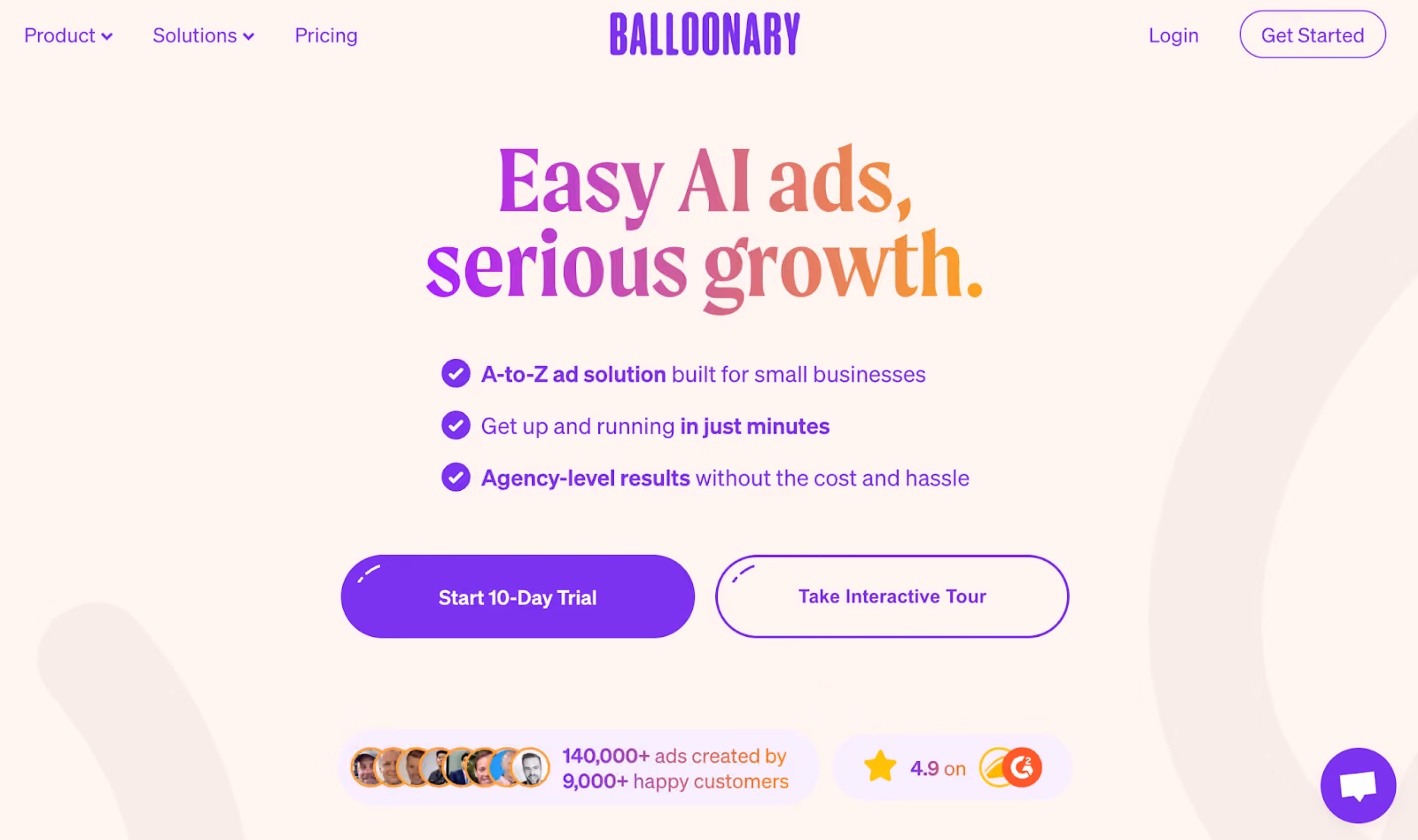 Balloonary homepage showcasing AI ad solutions for small businesses