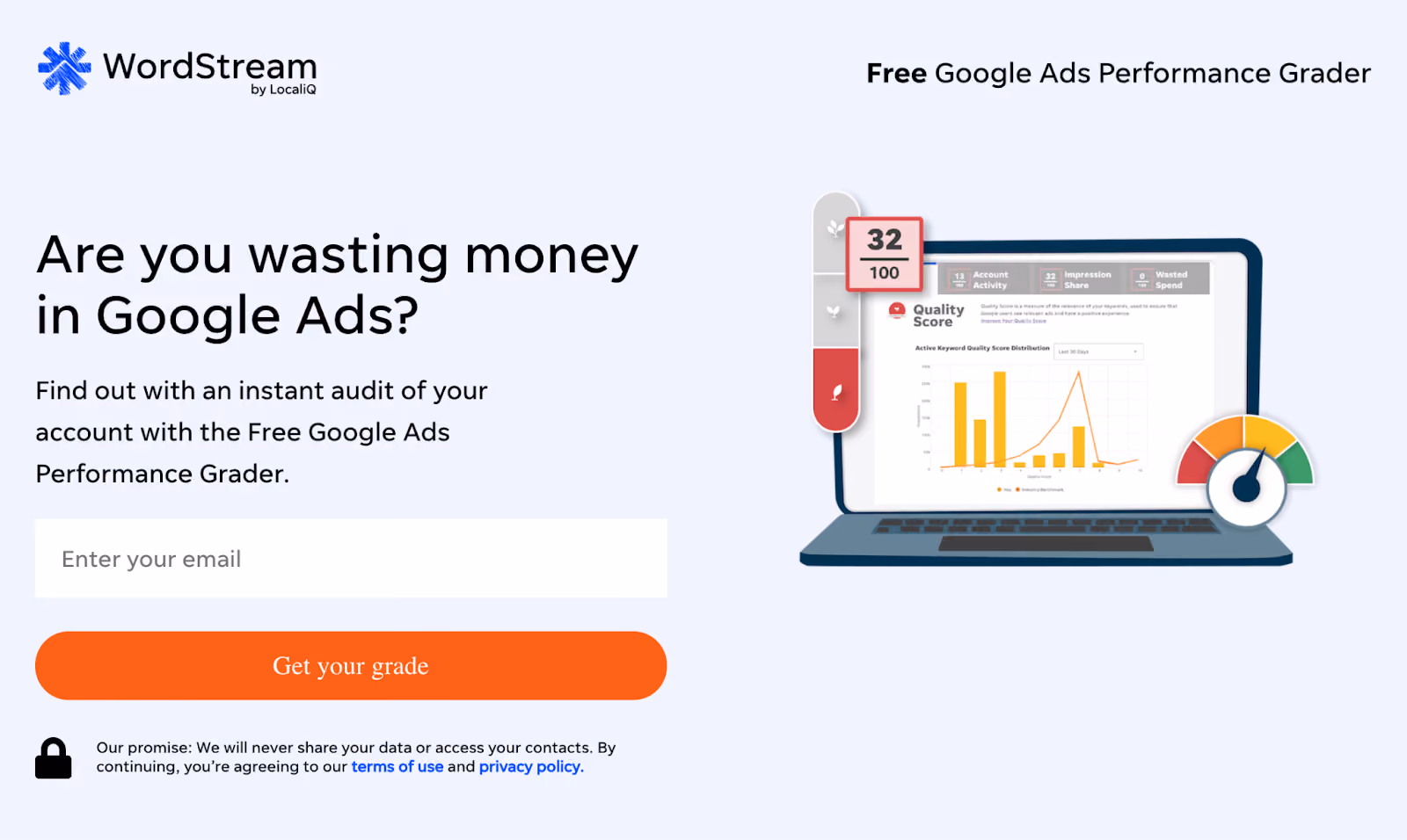 Wordstream's Free Google Ads Performance Grader page showing an audit score, email field, and grade button