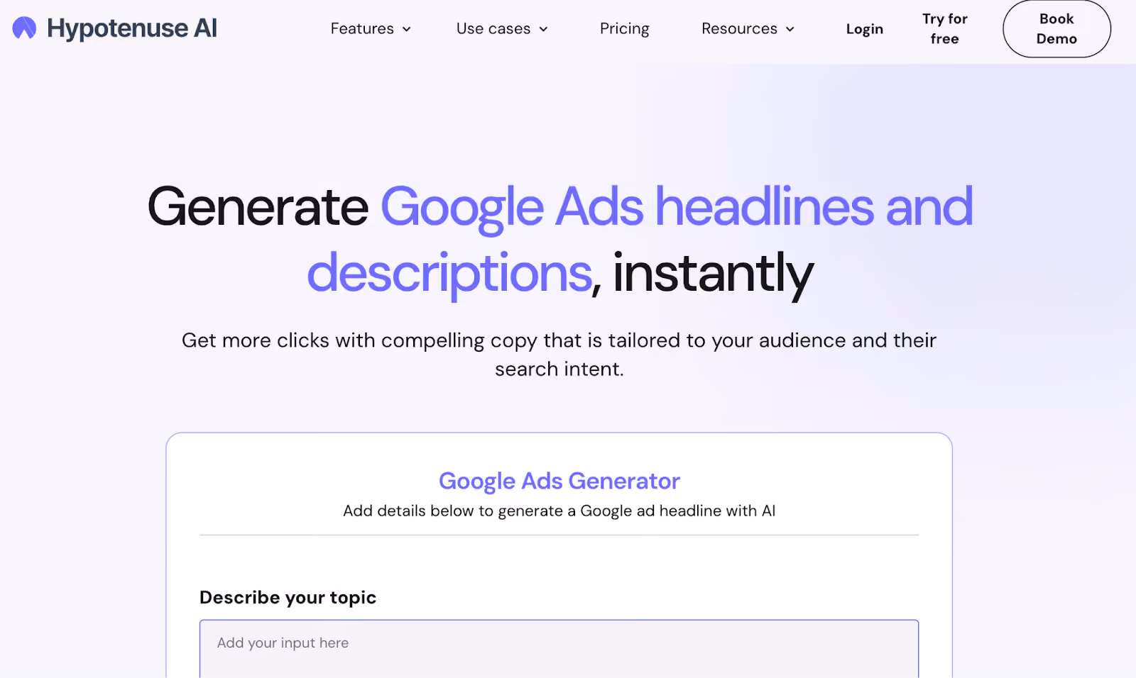 Hypotenuse AI's Google Ads Generator tool with input fields to generate ad headlines and descriptions