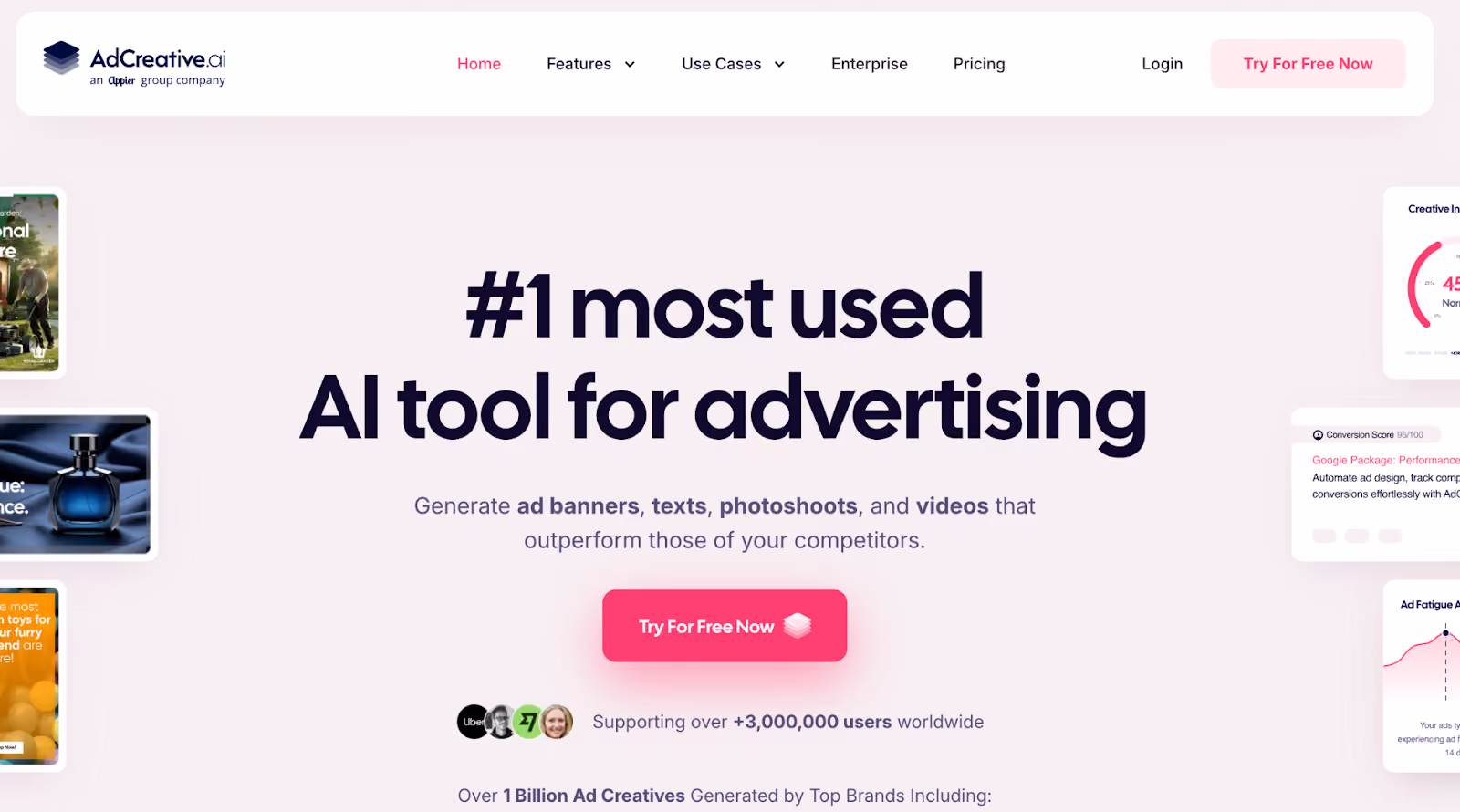 AdCreative.ai homepage promoting itself as the #1 AI tool for advertising, with visuals of ad examples