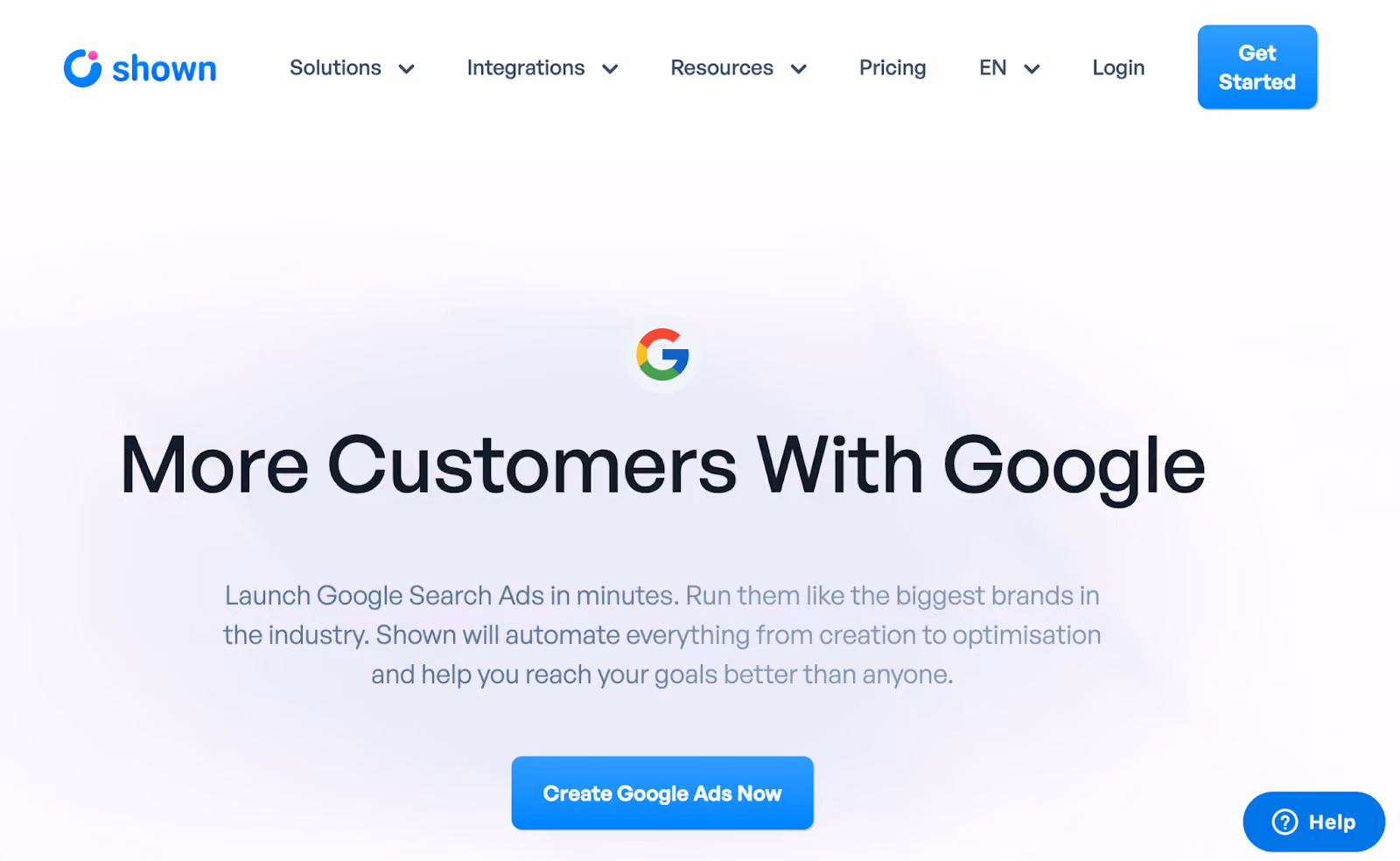 Shown AI landing page highlighting automated Google Ads creation with a call to action to create ads