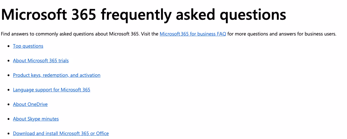 Microsoft FAQ page