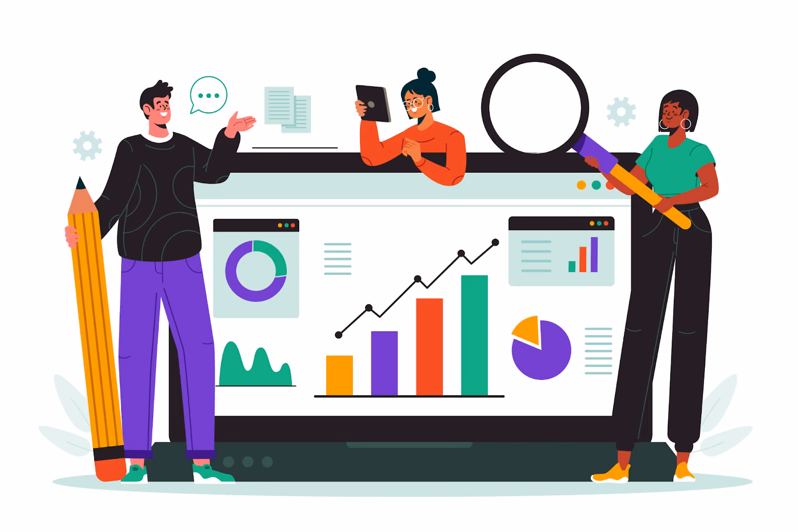 Team analyzing competitor data with charts and analytics dashboards for SaaS content marketing strategy research.