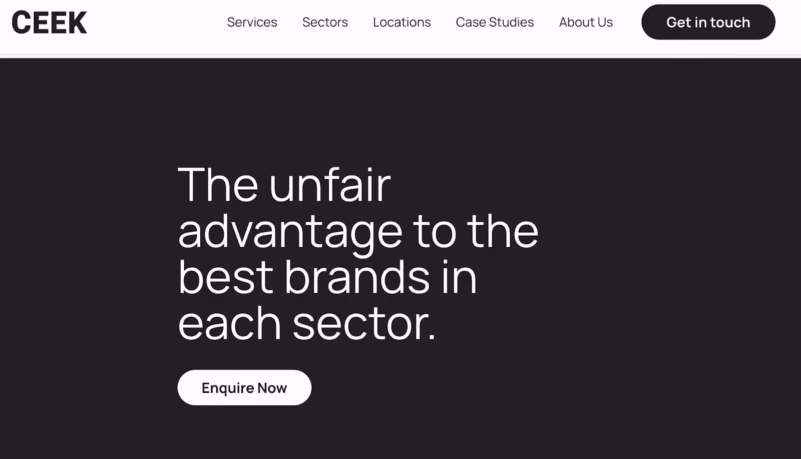 CEEK homepage with dark background and bold white headline text