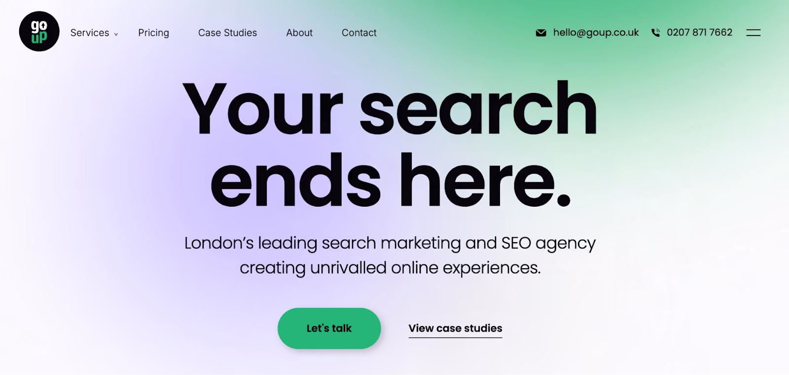 Go Up SEO agency homepage with bold tagline and gradient background