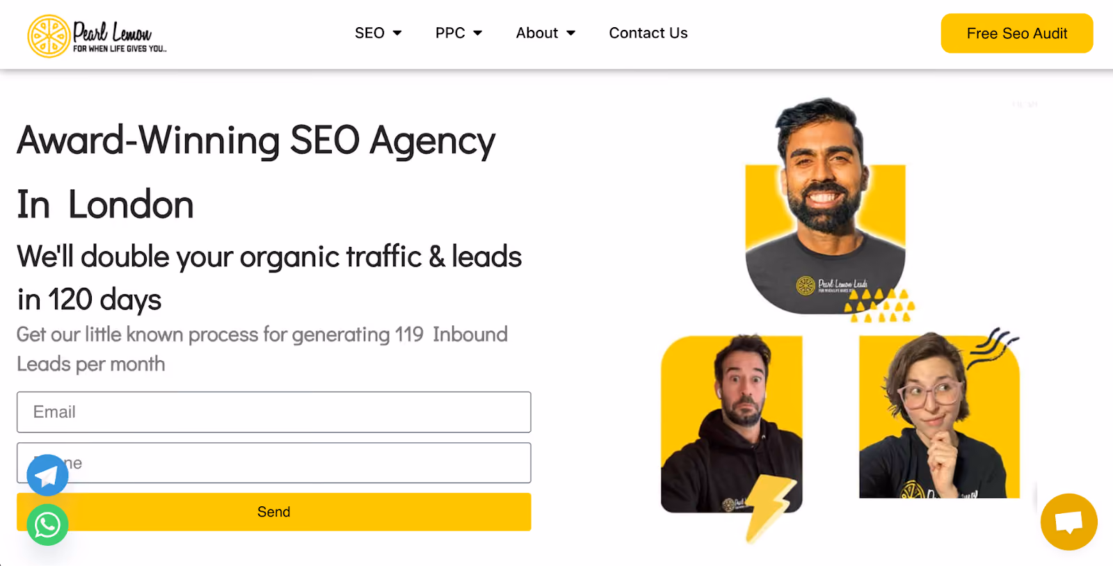 Pearl Lemon SEO agency homepage with headline, form, and team photos