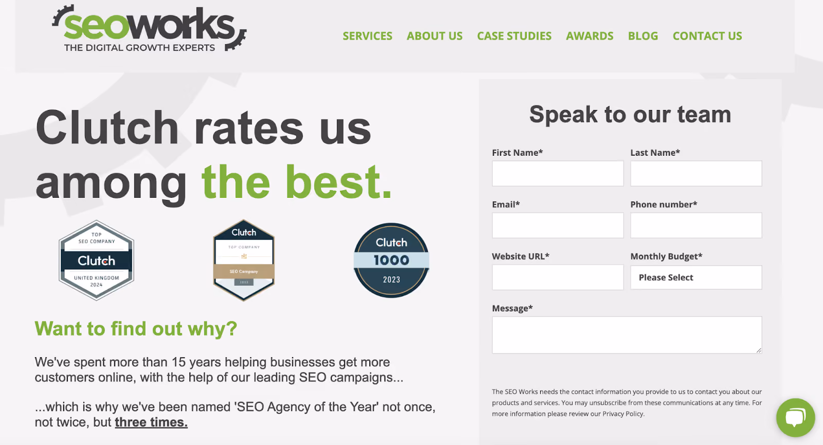 The SEO Works homepage featuring Clutch awards and a contact form titled “Speak to our team