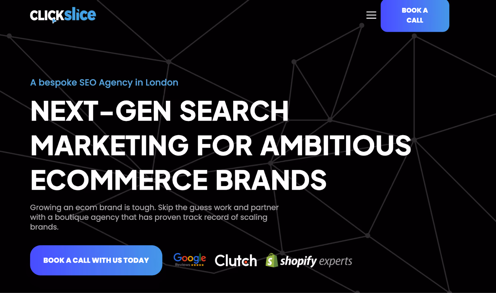 ClickSlice homepage with bold text promoting SEO for ecommerce brands