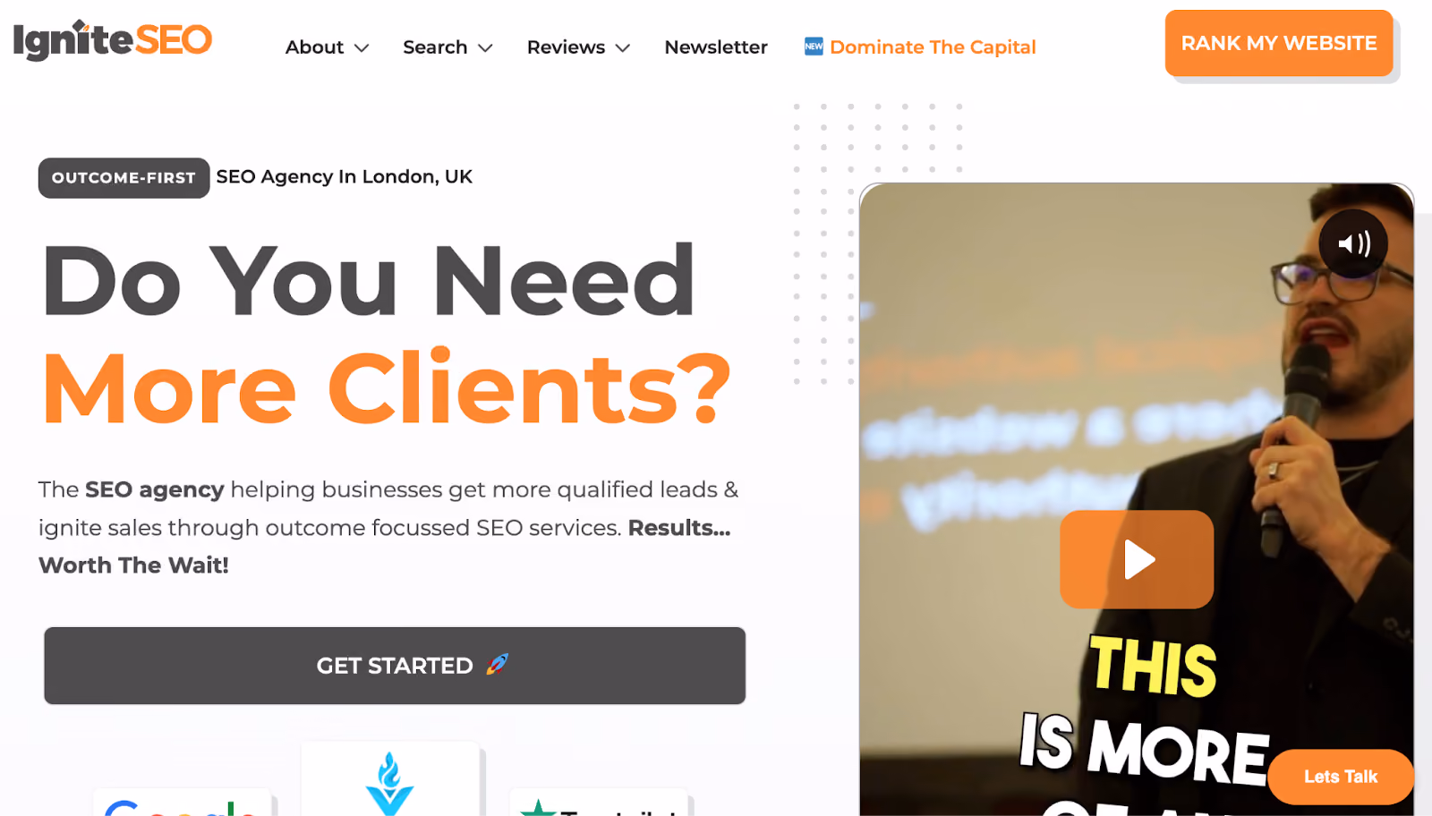 Ignite SEO homepage with bold text asking if users need more clients