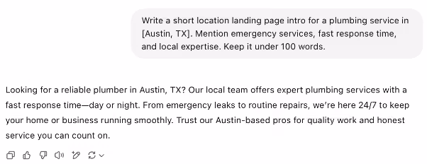 Short landing page intro for plumbing service in Austin, TX, highlighting emergency support and fast response.