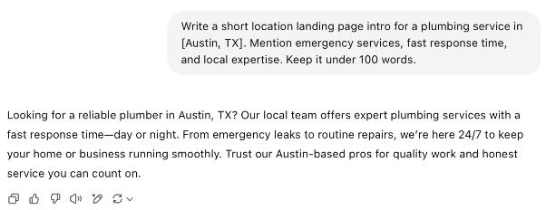 Short landing page intro for plumbing service in Austin, TX, highlighting emergency support and fast response.
