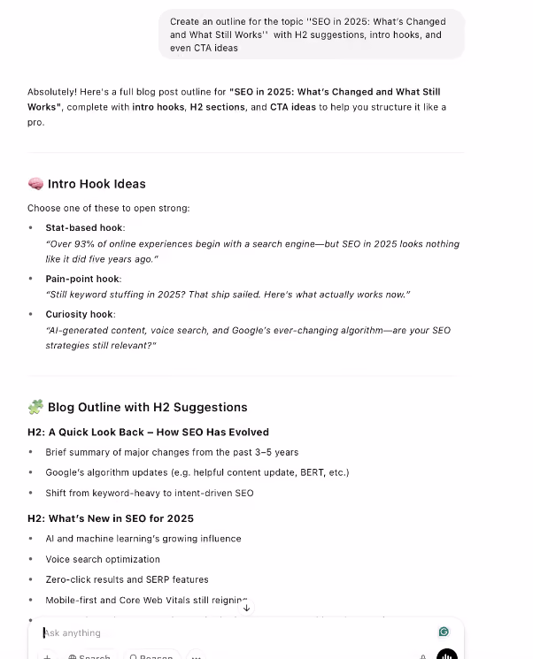 An AI-generated blog outline for 'SEO in 2026: What's Changed and What Still Works.