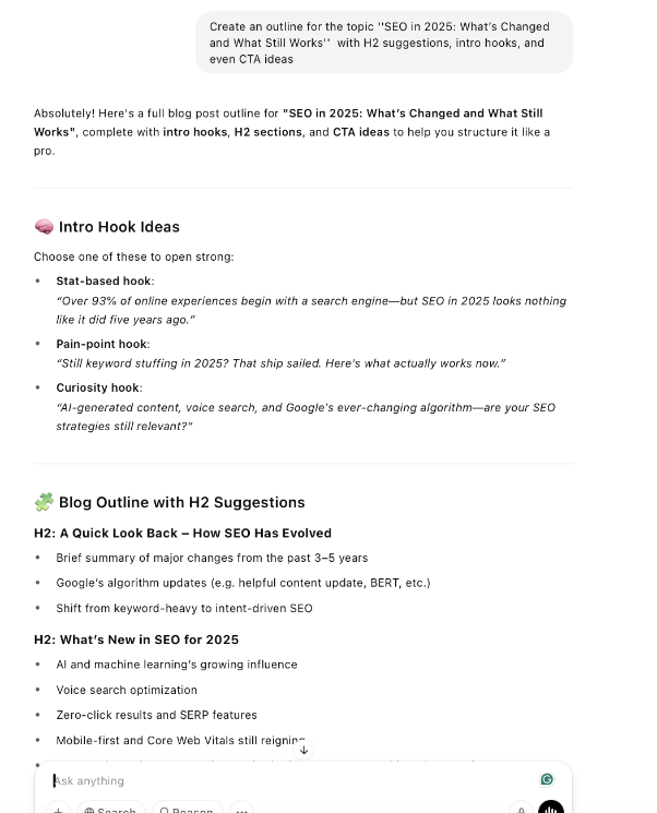 An AI-generated blog outline for 'SEO in 2026: What's Changed and What Still Works.