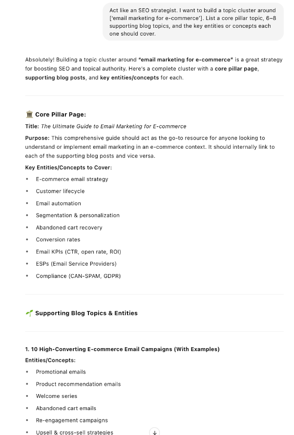 Screenshot showing an SEO topic cluster built around "email marketing for e-commerce" with a pillar page and blog post ideas, including key entities and concepts.