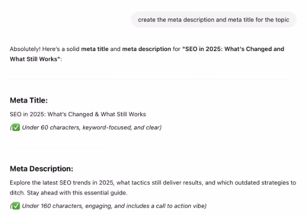 Meta title and description example for an SEO blog post.
