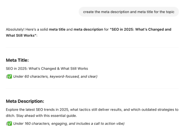 Meta title and description example for an SEO blog post.