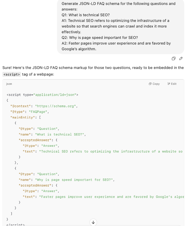 Screenshot of structured data markup in JSON-LD format, featuring FAQ schema for two SEO-related questions and answers.