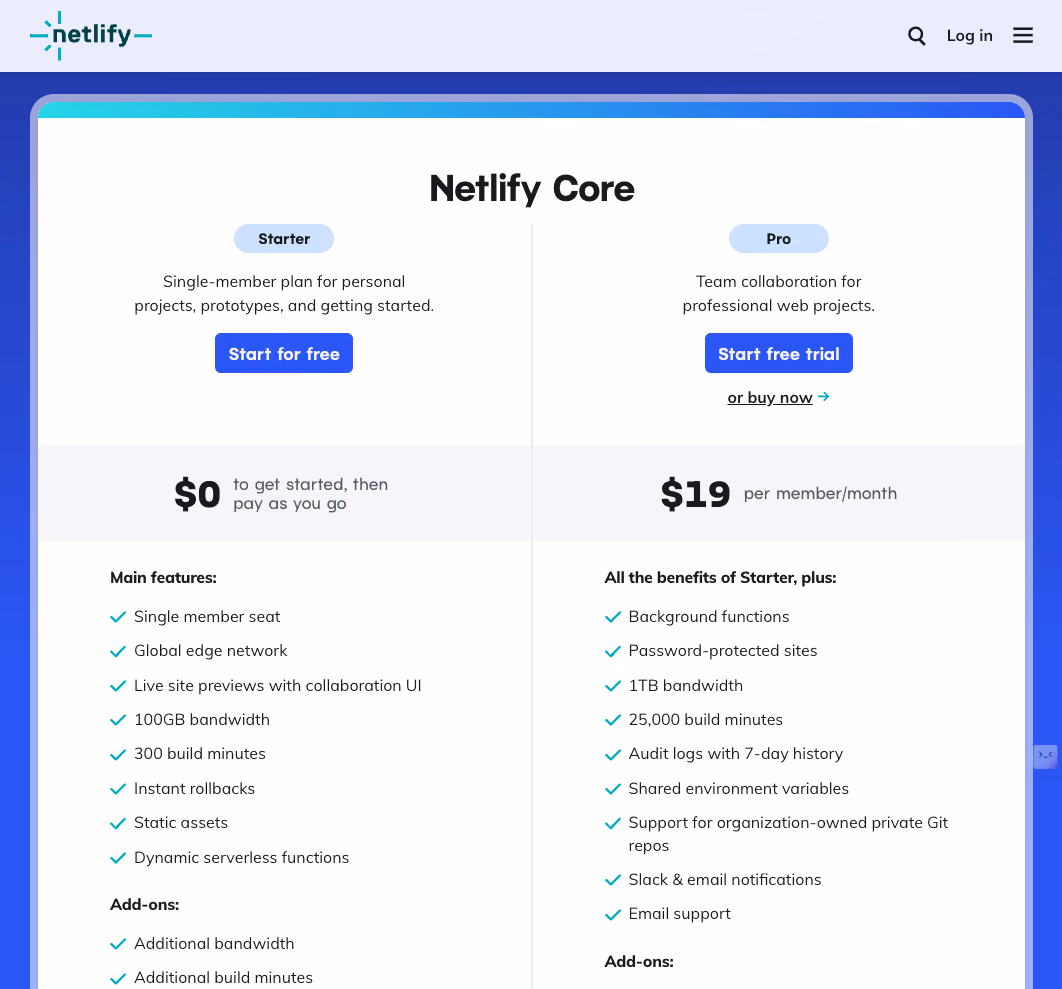 Netlify freemium pricing example