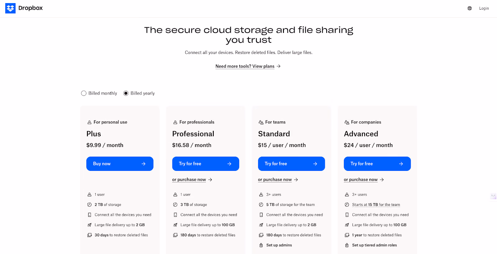 Dropbox tiered pricing example