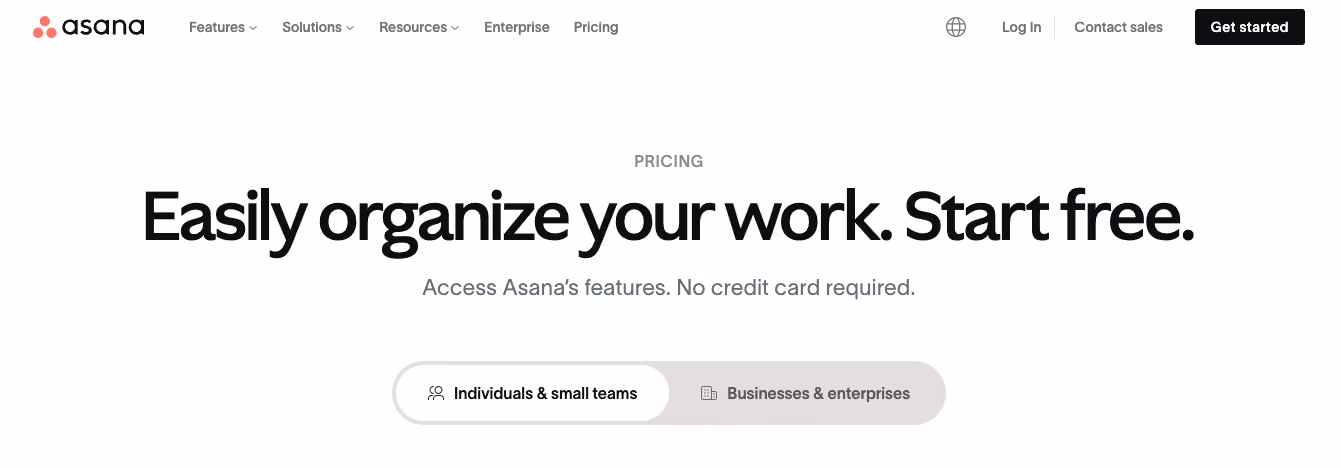 Screenshot of Asana's pricing page highlighting its free version