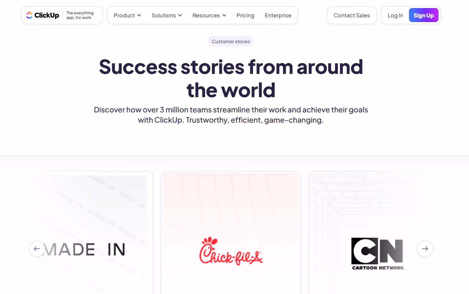 Screenshot of ClickUp's website showing case studies from its customers