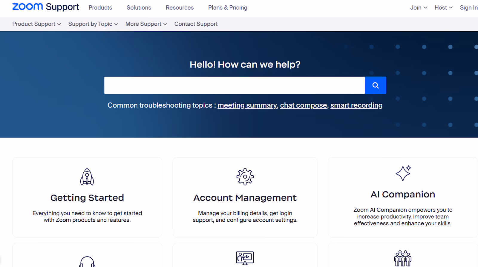 Screenshot of Zoom's comprehensive knowledge base with common troubleshooting topics highlighted