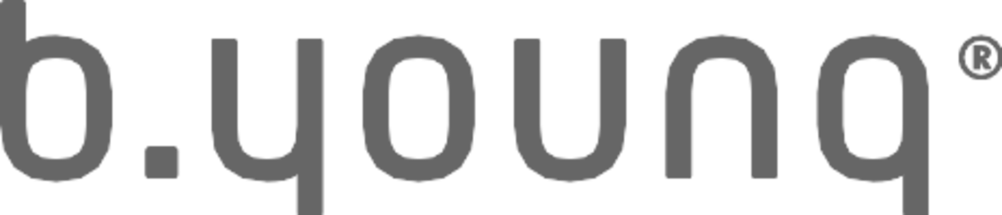 Text logo reading b.young with a registered trademark symbol in gray on a black background.