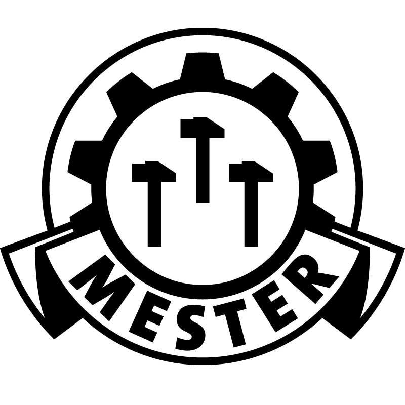 Black and white emblem with three hammers inside a gear and the word MESTER below.
