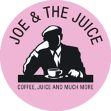 Joe & The Juice logo with a person drinking coffee on a pink background, text says coffee, juice and more.