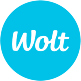 Wolt brand name in white cursive text inside a bright blue circle.