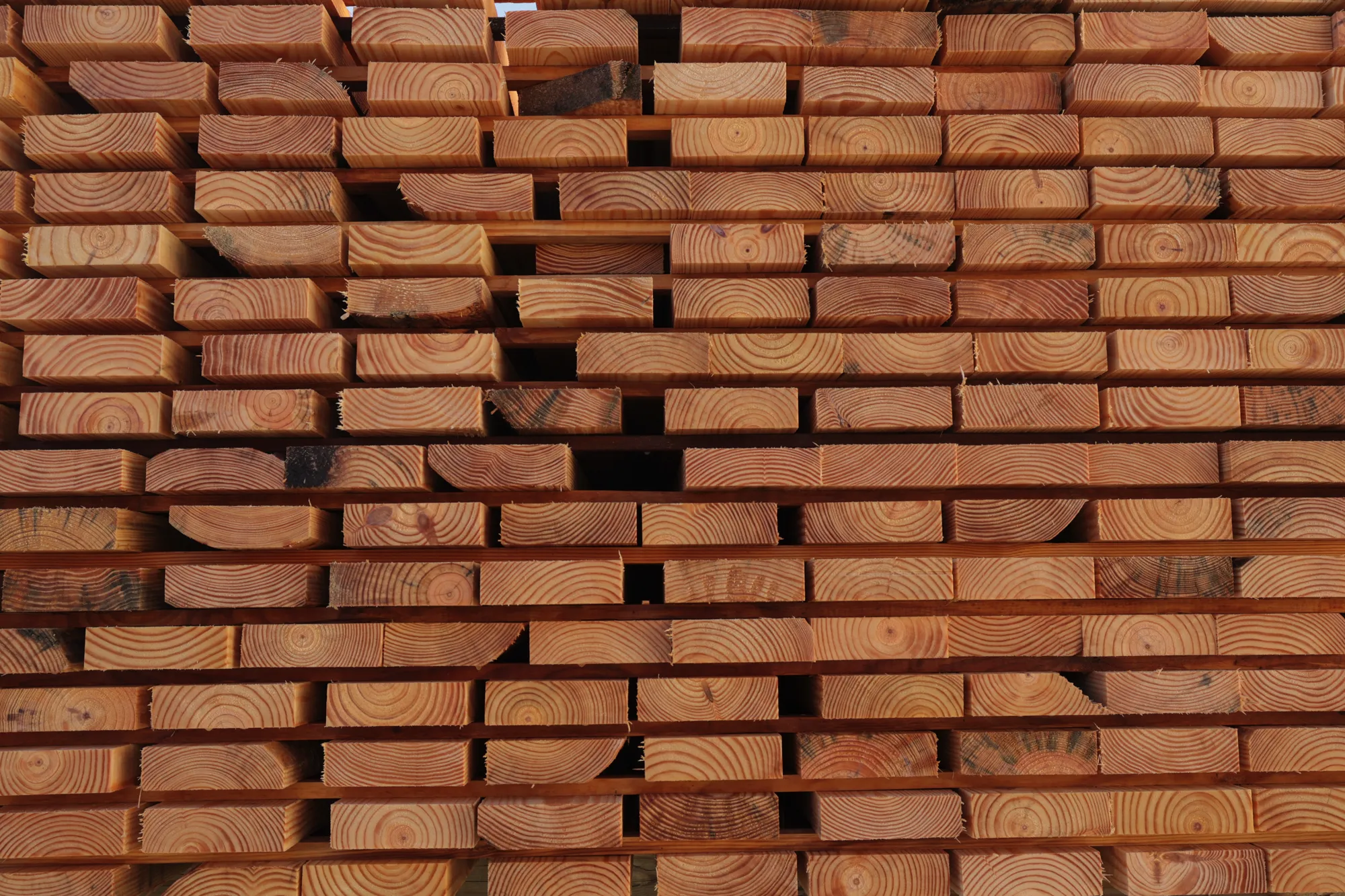 Stacked boards drying at a sawmill, end grain facing out