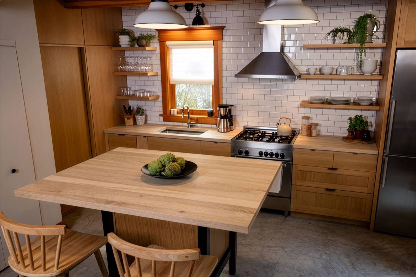 A butcher block countertop island in a kitchen