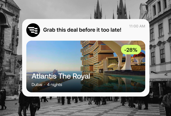 Epic Travel deal notification over a city view