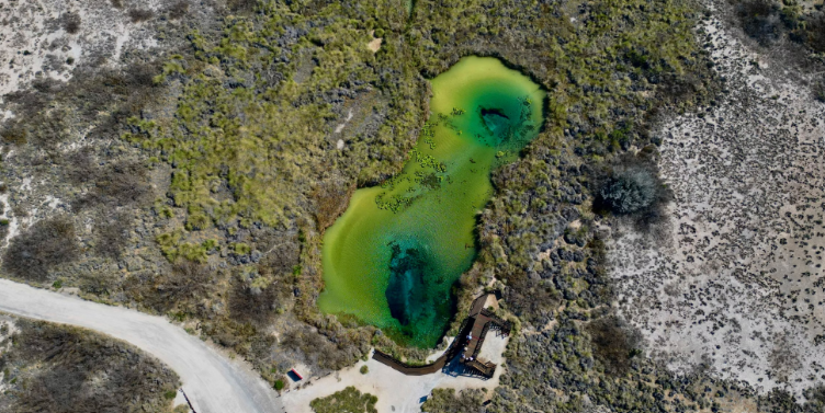 Electric turquoise sinkhole at the base of a limestone cliff.
