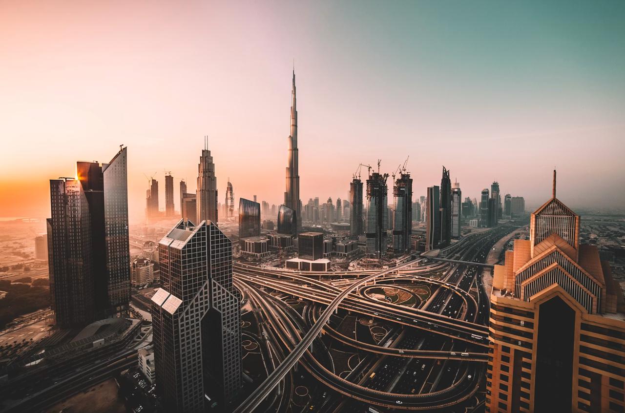 Dubai skyline with Burj Khalifa at dusk