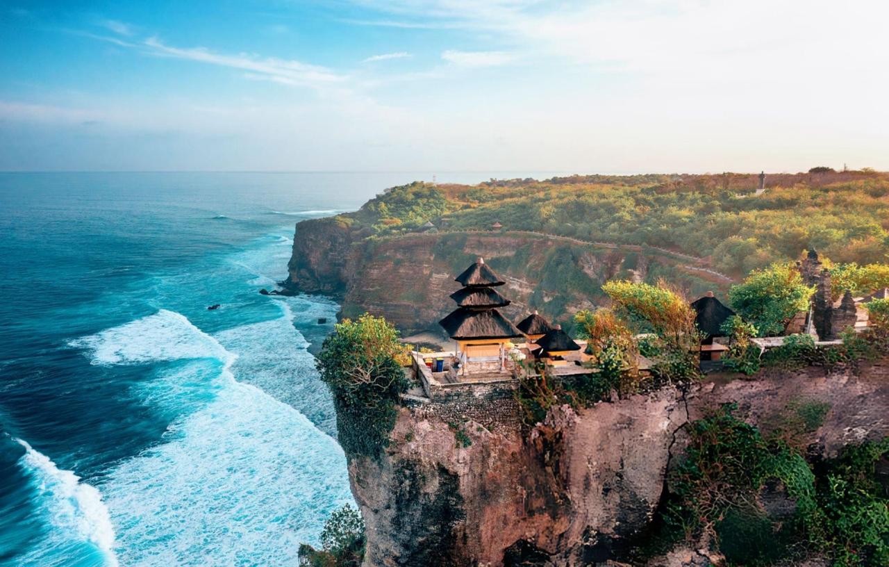 Indonesia, aerial view of Pura Luhur Uluwatu temple at sunrise.