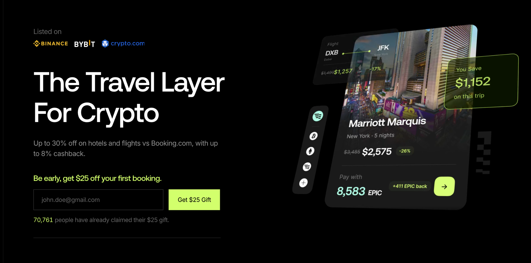 Epic travel booking platform cryptocurrency payment interface