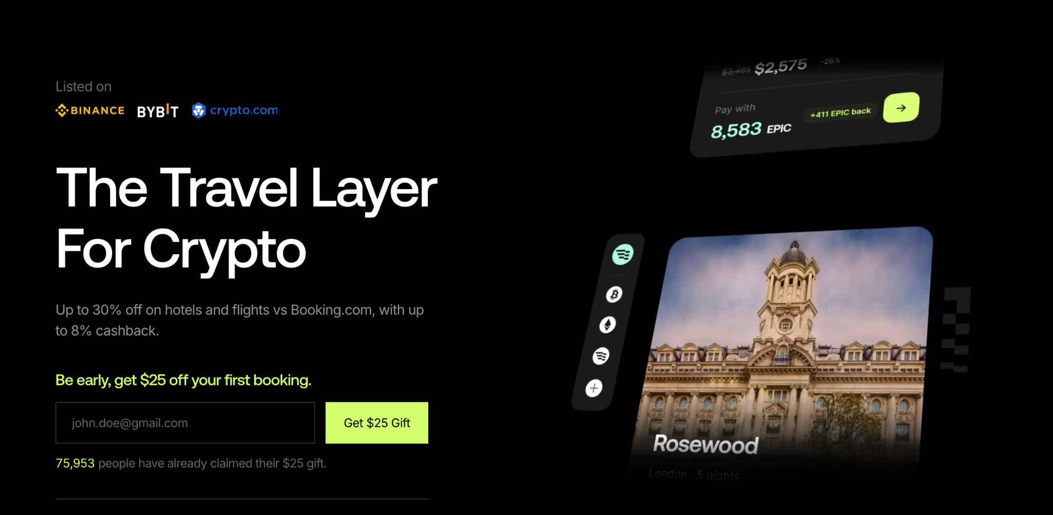 Epic travel booking platform crypto payment hotel savings cashback