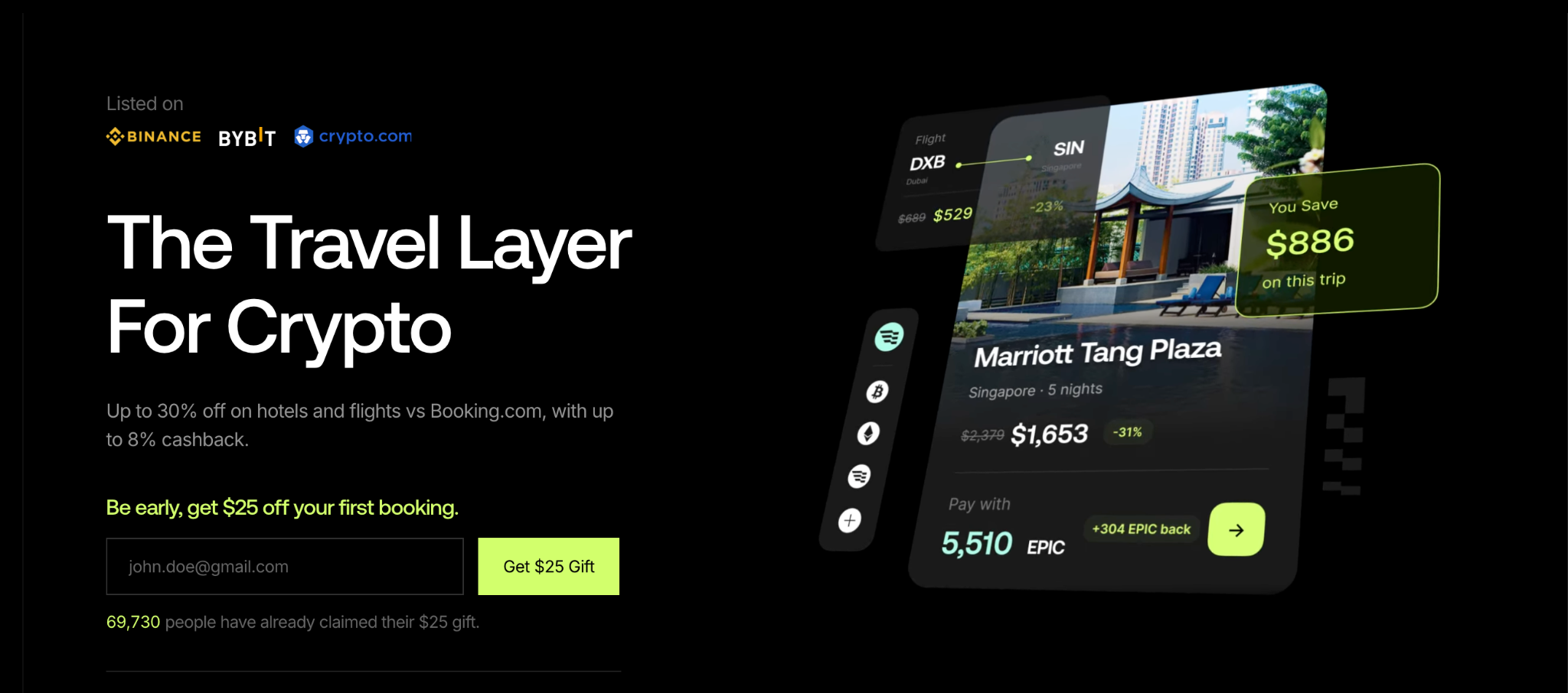 Epic crypto travel platform showing hotel booking with token payment and discounts