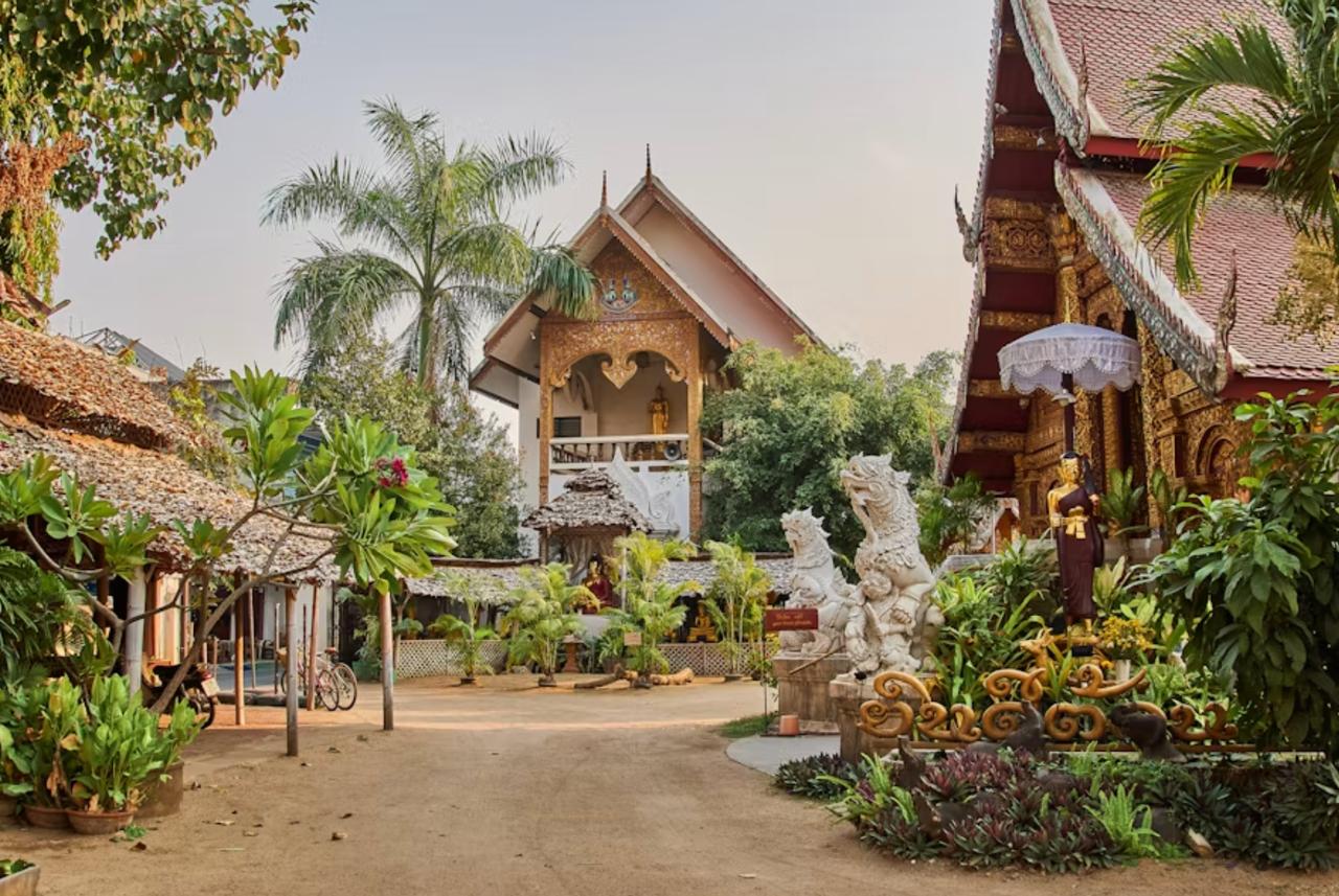 Golden temple overlooking the Chiang Mai mountain landscape.