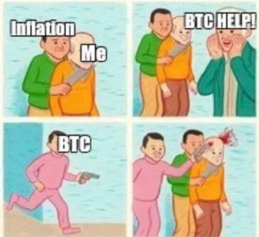 Four-panel betrayal meme, a character labeled inflation choking a character labeled me, a character labeled BTC rushing in as if to help, then BTC turning on him too.