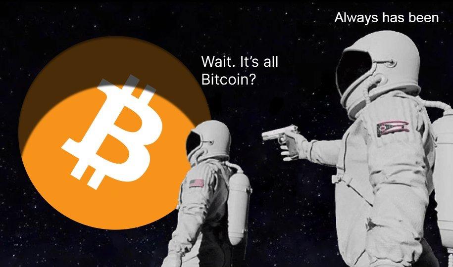 Always Has Been astronaut meme, one astronaut realizing it's all Bitcoin while the other points a gun saying always has been.