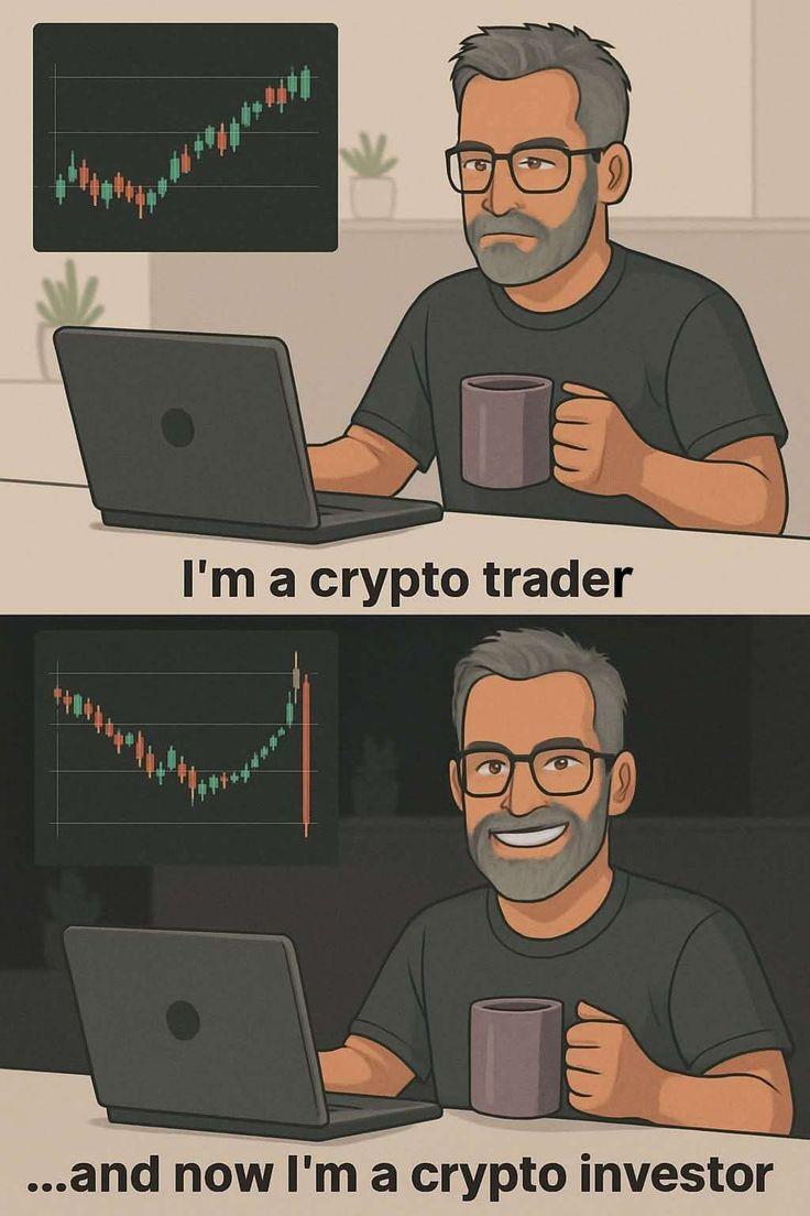 Two-panel meme, a man at a laptop with a rising chart captioned I'm a crypto trader, and the same smiling man with a crashed chart captioned and now I'm a crypto investor.