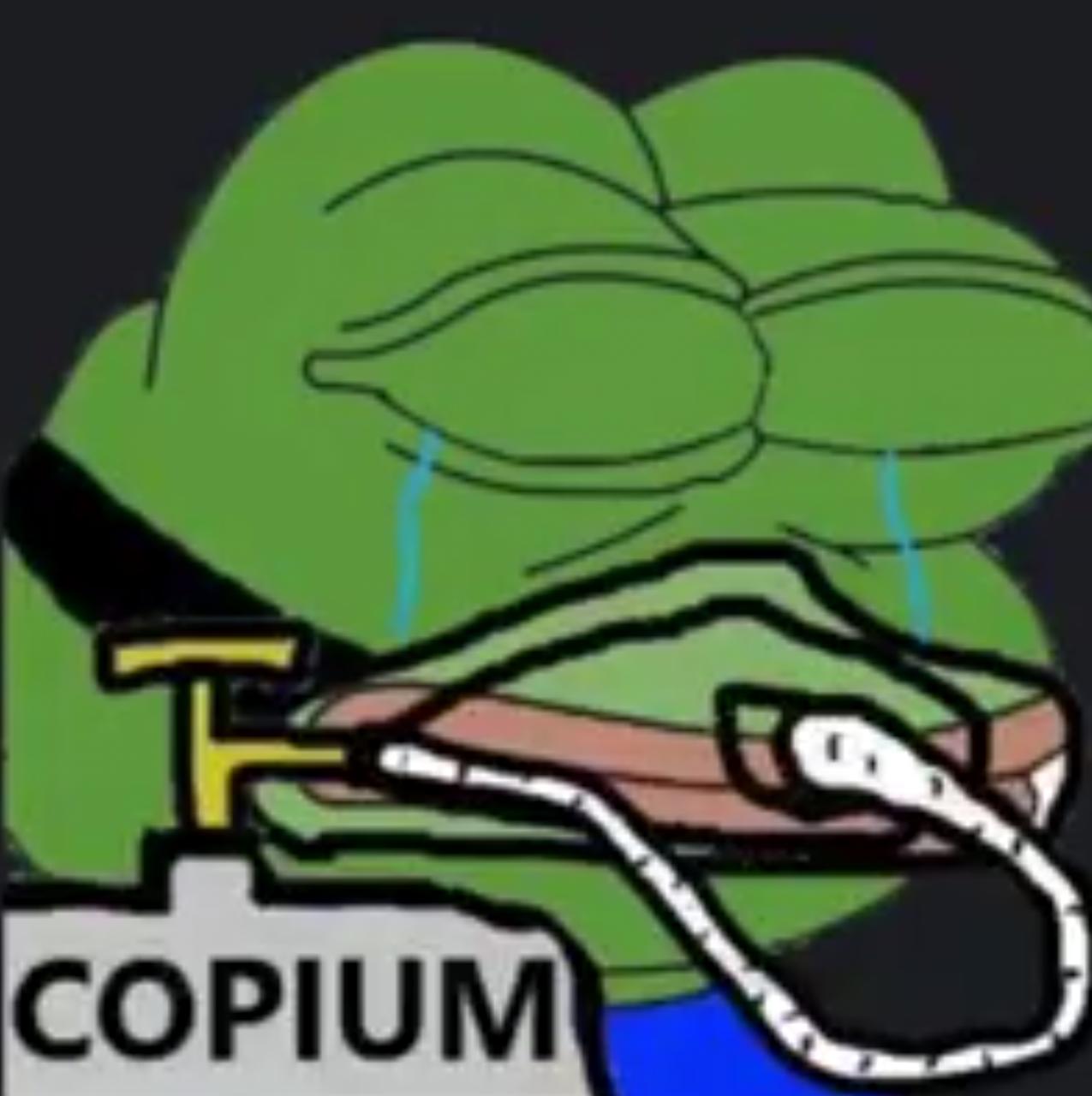 Pepe the frog wearing a copium oxygen mask, used to cope with heavy losses.
