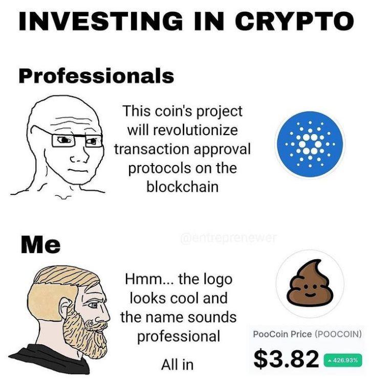 Two-panel wojak meme titled investing in crypto, a professional analyzing a serious coin's fundamentals versus a confident investor buying a joke coin because the logo looks cool.