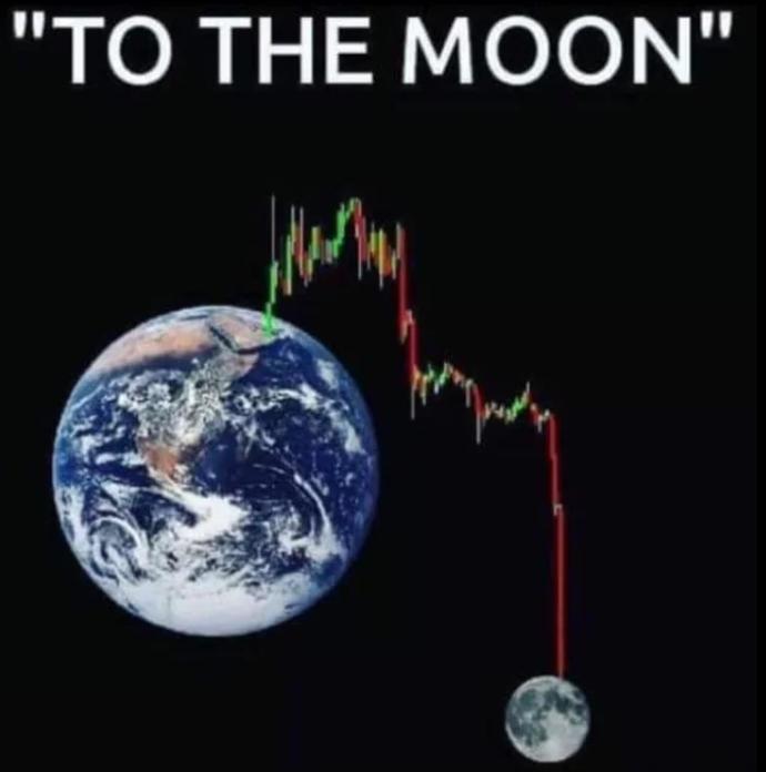 Candlestick chart under the words going to the Moon, pumping then crashing from Earth down to a small moon at the bottom.