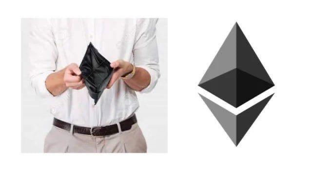 Man holding an empty wallet open next to the Ethereum logo.