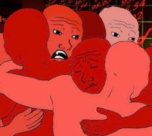 Group of distressed cartoon men hugging in front of a red price chart, comforting each other after losses.
